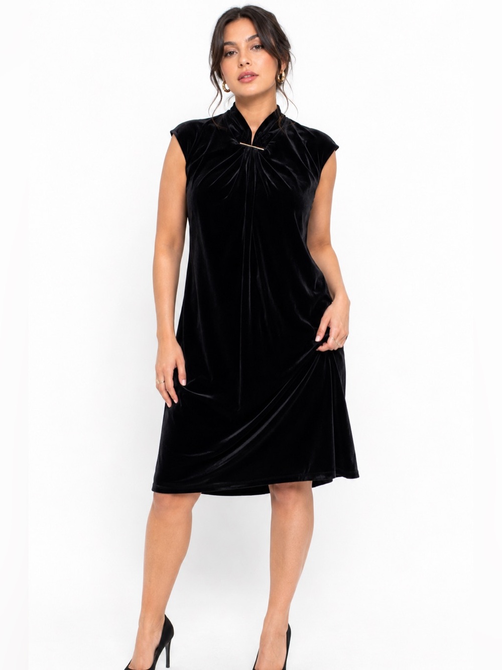 Calvin Klein Velour High Neck Gold Hardware Sleeveless Dress (Black) Size Large